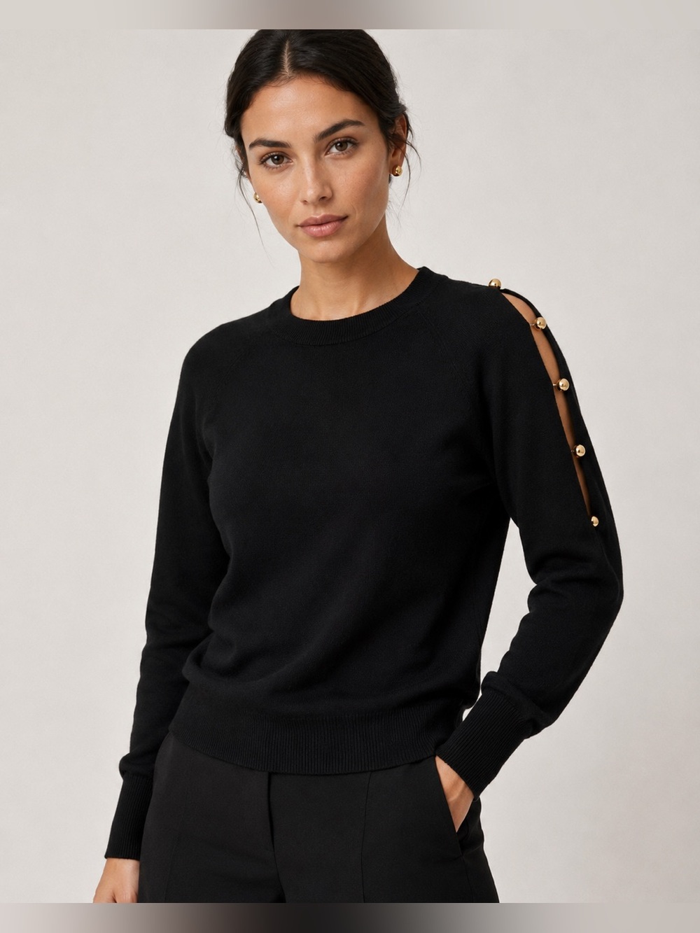 Jonathan Simkhai Black Gold Button Cutout Sleeve Knit Sweater Top L